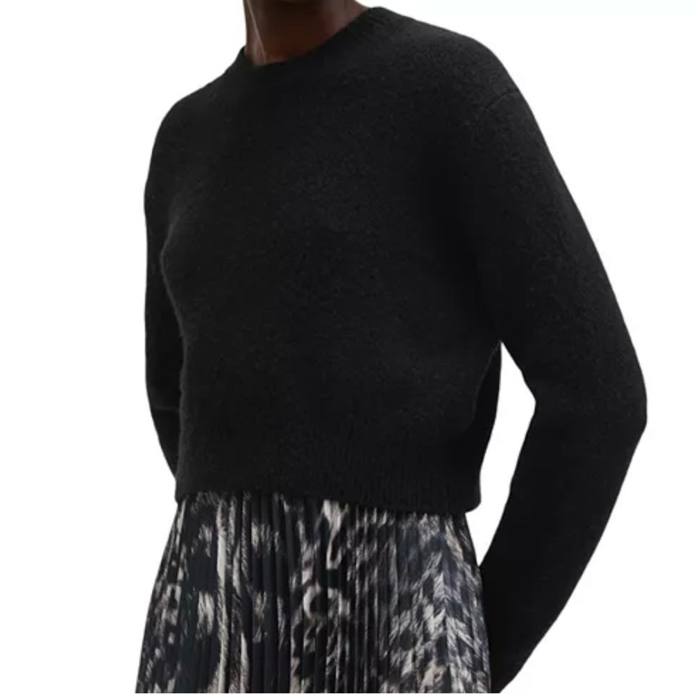 AllSaints Women’s Black Cropped Wool Blend Knit Crewneck Sweater Size L NEW